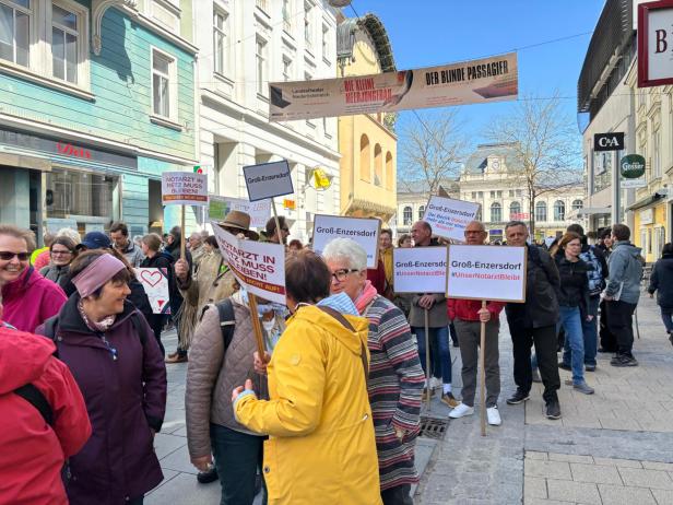 Mehrere Menschen demonstrieren in einer Fußgängerzone mit Schildern für den Erhalt des Notarztdienstes in ihrer Region.