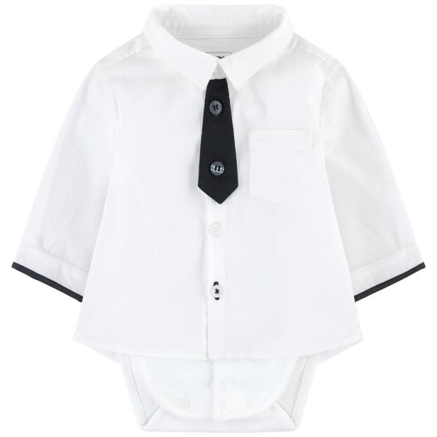 Ein weißer Babybody mit Hemdkragen und aufgedruckter schwarzer Krawatte.