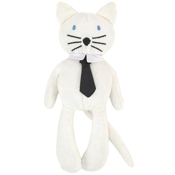 Ein weißes Katzenstofftier mit blauen Augen und einer schwarzen Krawatte.