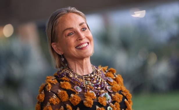 Sharon Stone lächelt mit auffälligem Schmuck und einem Kleid mit Federn.