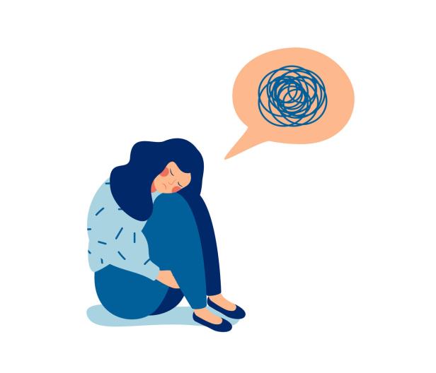 Woman in depression with bewildered thoughts in her mind.