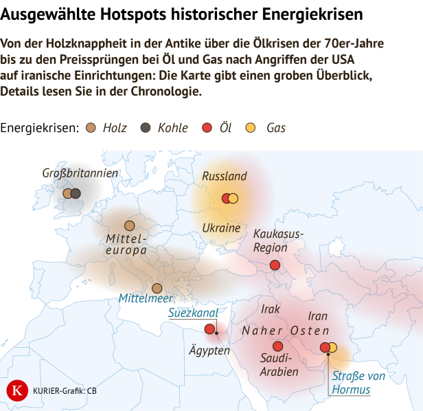 Karte mit markierten Regionen historischer Energiekrisen für Holz, Kohle, Öl und Gas.
