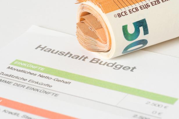 Fünfzig-Euro-Scheine liegen auf einem Haushaltsbudget-Formular.