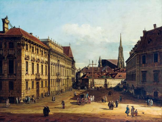 Das Gemälde zeigt den Lobkowitzplatz mit einem großen Gebäude und Stephansdom im Hintergrund.