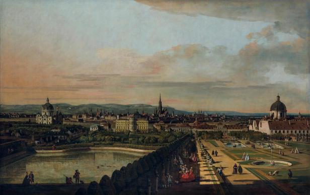 Bernardo Bellottos Gemälde zeigt Wien im 18. Jahrhundert mit Blick vom Belvedere, detailreich mit Gärten, Teichen und der Karlskirche im Hintergrund.