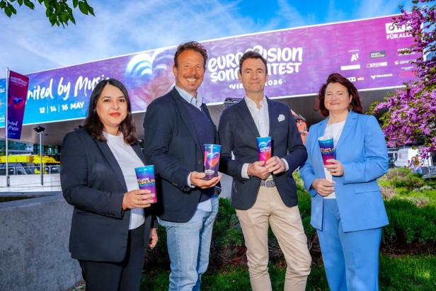 Shanila Baseley (Vice President Sales Borealis, Teil von Borouge International), Michael Krön (Executive Producer Eurovision Song Contest 2026), Harald Hauke (ARA Vorstandssprecher), Beatrix Praeceptor (CEO Greiner Packaging).