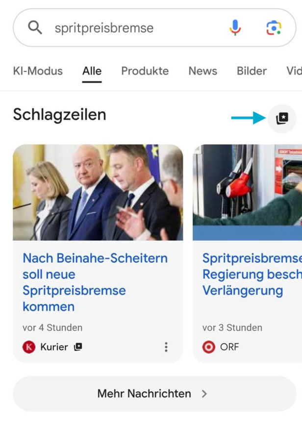 Schlagzeilen Element Google Suche, ein blauer Pfeil deutet auf das neue Feature bevorzugte Quellen festlegen