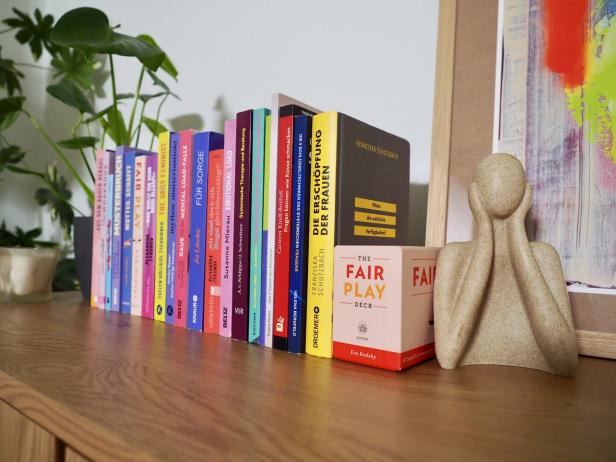 Mehrere bunte Bücher stehen nebeneinander auf einem Holzregal, daneben eine abstrakte Skulptur und eine Pflanze im Hintergrund.