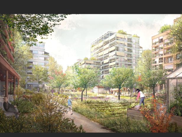 Visualisierung eines begrünten Stadtteils mit modernen Wohngebäuden und Gemeinschaftsgarten.