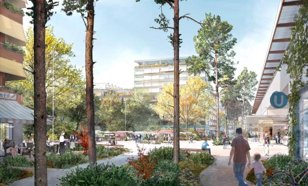 Visualisierung eines begrünten Stadtteils mit Marktständen, Cafés und U-Bahn-Zugang in Rothneusiedl.