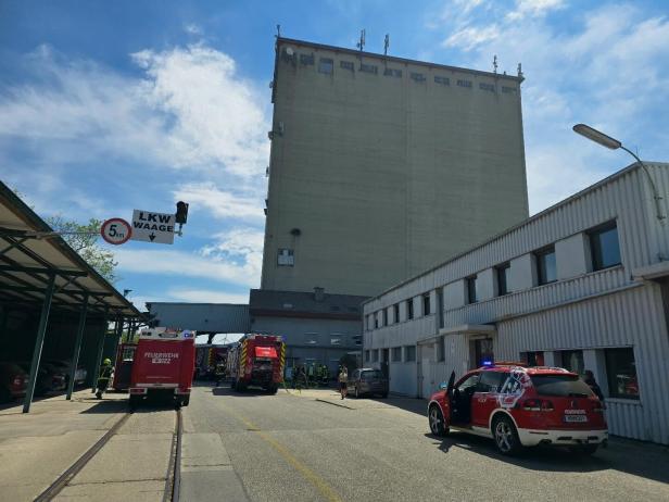 Mehrere Feuerwehrfahrzeuge und Einsatzkräfte stehen vor einem großen Industriegebäude bei sonnigem Wetter.