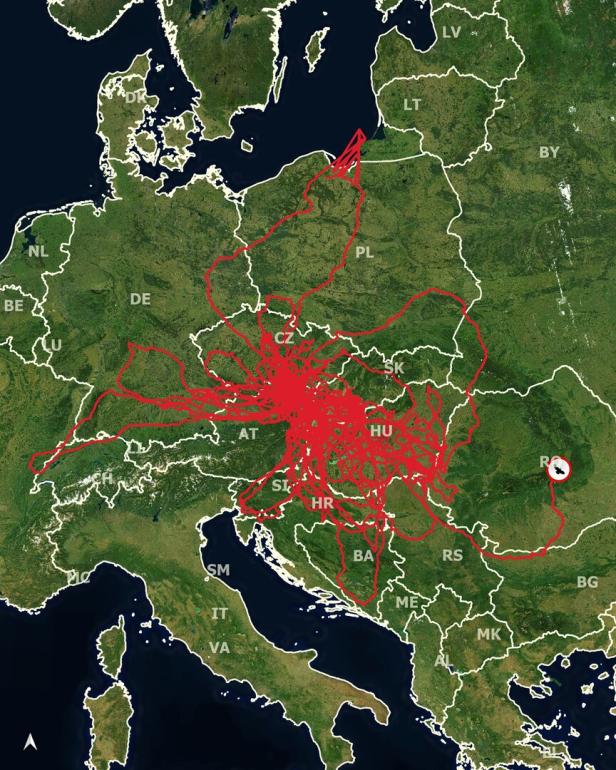Die GPS-Daten zeigen die Flugrouten von Kaiseradler Rudi zuletzt bis Rumänien.