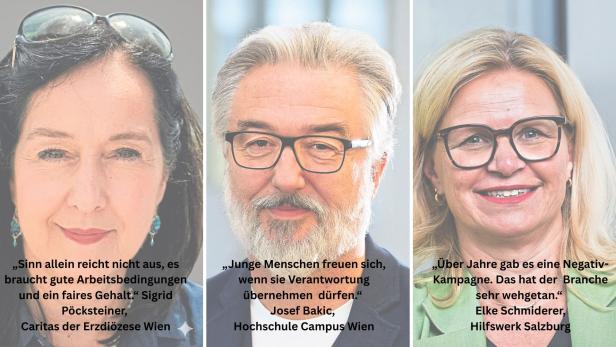 Drei Personen in Einzelporträts. Zuerst eine Frau, dann ein Mann, dann eine Frau mit Zitaten.