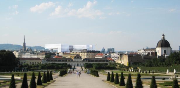 Blick vom Oberen Belvedere auf Wiens Innenstadt mit moderner Hochhausmontage, die die Debatte um den Schutz des historischen Canaletto-Blicks illustriert.