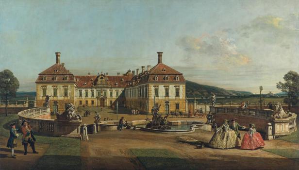 Bernardo Bellottos Gemälde zeigt Schloss Hof bei Wien im 18. Jahrhundert, mit eleganten Figuren im Garten und Blick auf die Donau, als Teil seiner idealisierten Stadtansichten.