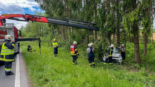 Mehrere Feuerwehrleute bergen mit einem Kran ein Auto, das im Wald neben einer Landstraße steht.