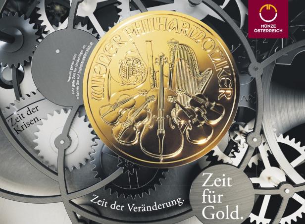Goldene Wiener Philharmoniker-Münze vor Zahnrädern mit Texten zu Krisen, Veränderung und Gold.
