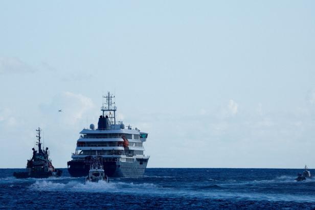 FILE PHOTO: The cruise ship MV Hondius, affected by a hantavirus outbreak, near the port of Granadilla de Abona, Tenerife