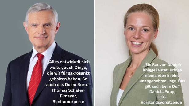 Zwei Portrait-Bilder nebeneinander, links Thomas Schäfer-Elmayer mit Zitate und rechts Daniela Popp mit Zitat.