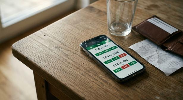 martphone mit Sportwetten-App auf einem Holztisch neben leerem Glas, Geldbörse und Quittung.
