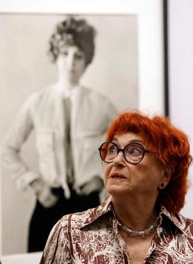 Austrian avant-garde artist Valie Export addresses the media in Vienna