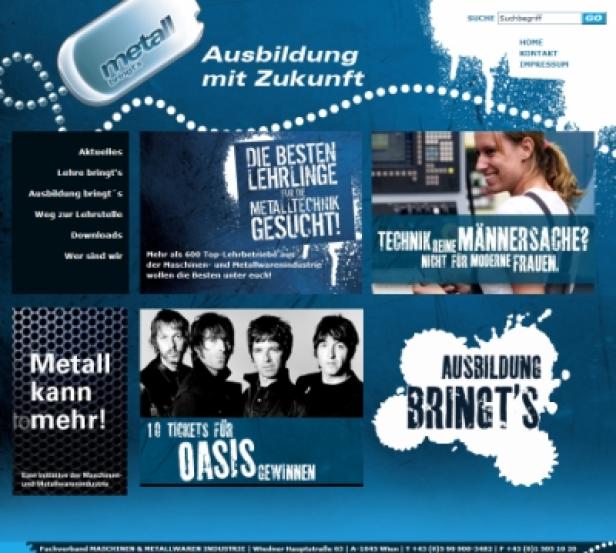 Eine Webseite wirbt für Ausbildungen in der Metallindustrie und verlost Tickets für Oasis.