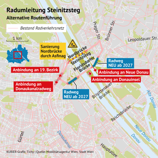 Karte zeigt alternative Radroute während der Sanierung der Nordbrücke und neue Radwege ab 2027.