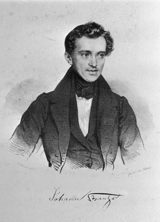 Das Porträt zeigt Johann Strauss in einem dunklen Anzug mit Fliege.