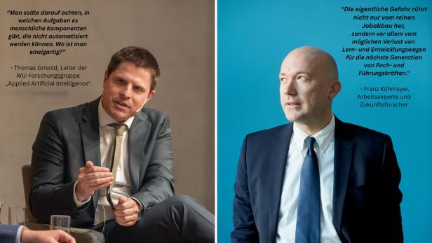 Thomas Grisold moderiert eine Podiumsdiskussion und Franz Kühmayer steht vor einem blauen Hintergrund und schaut in die Ferne.