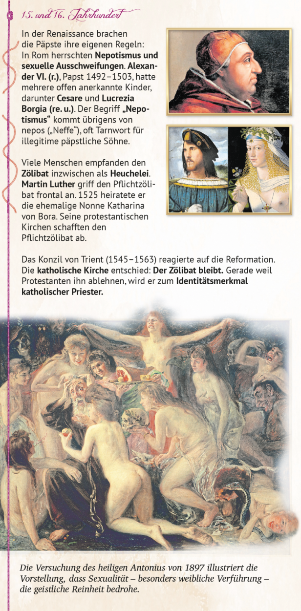 Gemälde und Porträts zeigen Papst Alexander VI., Cesare und Lucrezia Borgia sowie eine Versuchungsszene.