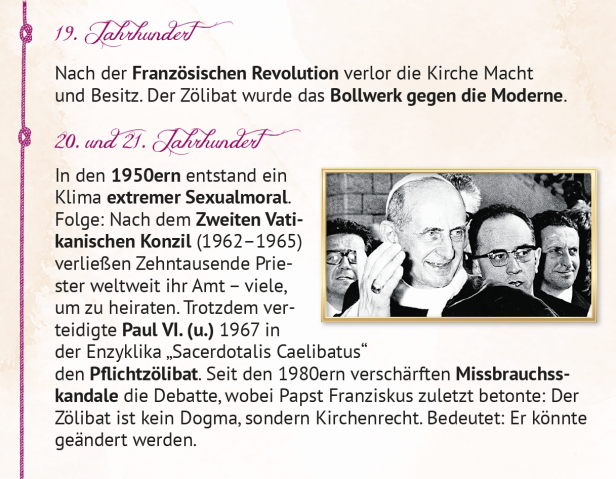 Chronologie: Papst Paul VI. umgeben von Geistlichen, als Symbol für die Verteidigung des Pflichtzölibats nach dem Zweiten Vatikanischen Konzil.