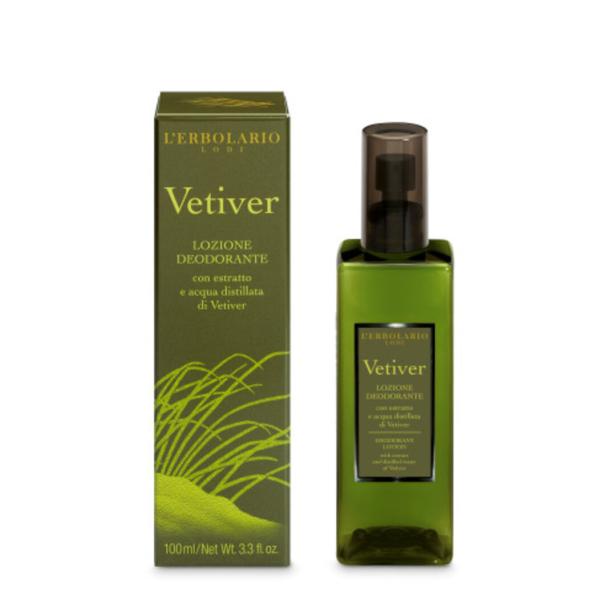 Grüne Flasche und Verpackung eines Deodorants mit der Aufschrift „Vetiver“ und pflanzlichem Motiv.