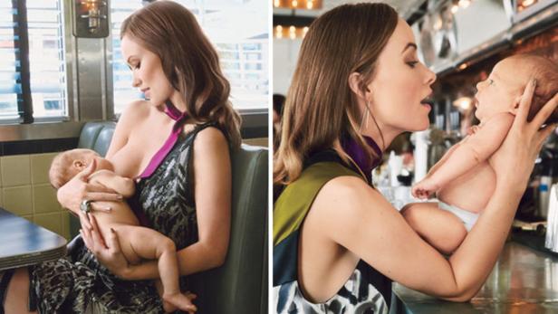 Zwei Aufnahmen von Olivia Wilde mit ihrem Baby, einmal stillend und einmal im Arm haltend.