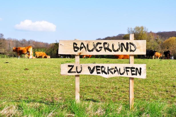 Schild "Baugrund zu verkaufen" auf grüner Wiese