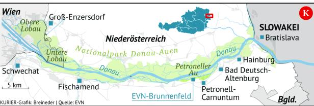 Karte zeigt den Nationalpark Donau-Auen zwischen Wien und Bratislava mit umliegenden Orten und Flussverlauf der Donau.