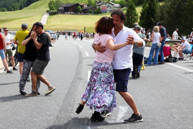 People demonstrate against the growing traffic load, near Matrei