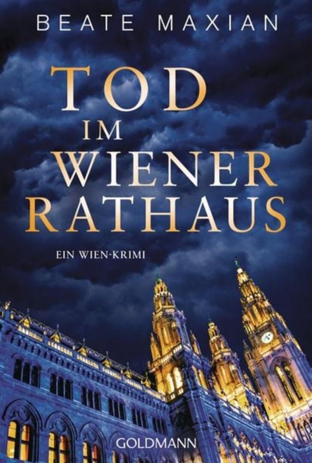 Das beleuchtete Wiener Rathaus vor dramatisch dunklem Himmel, darüber der Buchtitel „Tod im Wiener Rathaus“.