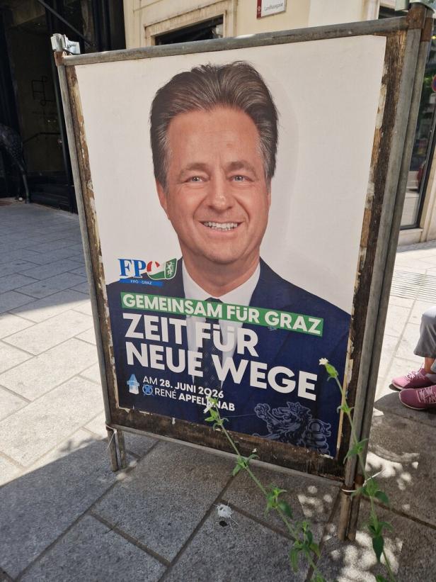 Ein Wahlplakat der FPÖ Graz mit René Apfelnab wirbt für "Neue Wege" am 28. Juni 2026.