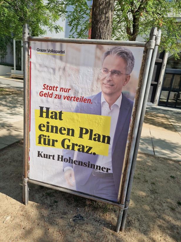 Ein Wahlplakat der Grazer Volkspartei mit Kurt Hohensinner wirbt mit dem Slogan "Hat einen Plan für Graz."