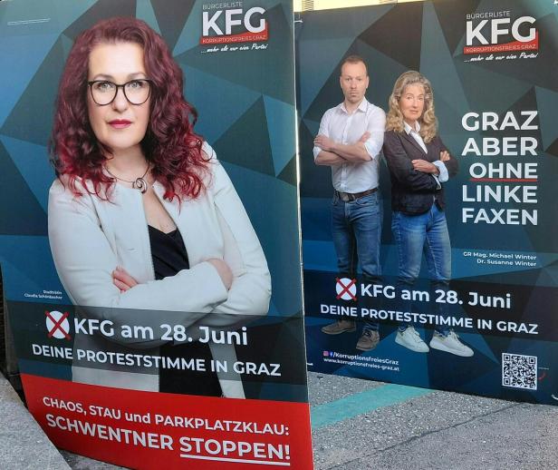 Wahlplakate der KFG Graz mit Claudia Schönbacher und dem Slogan "Graz aber ohne linke Faxen".
