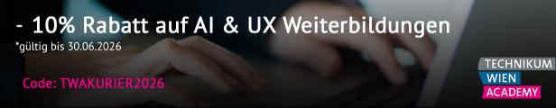 Hände tippen auf einer Tastatur, daneben Hinweis auf 10% Rabatt für AI- und UX-Weiterbildungen mit Rabattcode.