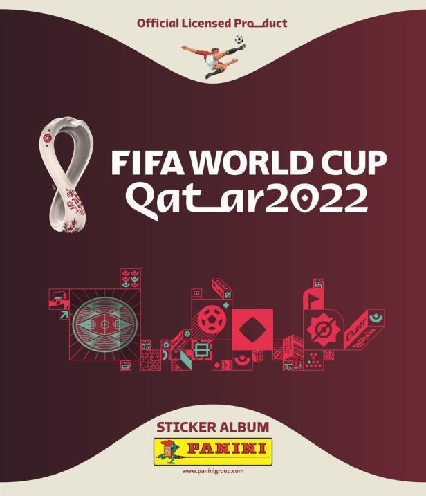 Das Panini-Sammelalbum zur FIFA Fussball-Weltmeisterschaft Katar 2022™ mit Logo und Illustrationen auf bordeauxfarbenem Grund.