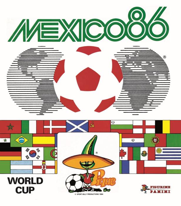 Das Logo der Fußball-Weltmeisterschaft 1986 in Mexiko zeigt eine Weltkugel, einen Fußball und die Flaggen der teilnehmenden Länder.