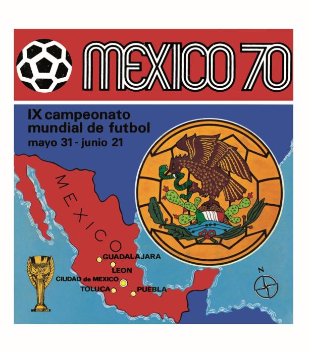 Plakat zur Fußball-Weltmeisterschaft 1970 in Mexiko mit Austragungsorten und dem mexikanischen Wappen.