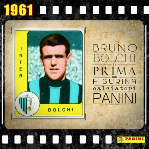 Das Bild zeigt eine Panini-Sammelkarte von Bruno Bolchi (Inter Mailand) aus dem Jahr 1961.