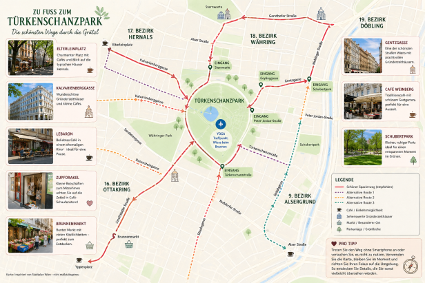 Karte mit Spazierwegen zum Türkenschanzpark und Tipps für Cafés, Märkte und Parks in Wien.