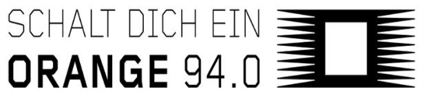 Schriftzug „Schalt dich ein ORANGE 94.0“ mit stilisiertem Radiologo in Schwarz.