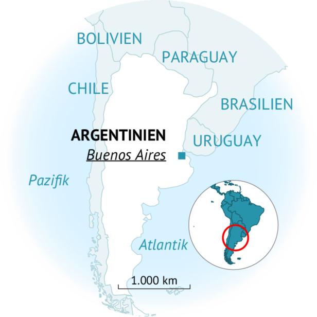 Eine Karte zeigt Argentinien mit der Hauptstadt Buenos Aires und den angrenzenden Ländern in Südamerika.