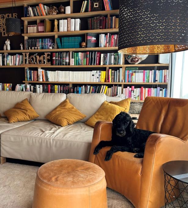 Ein schwarzer Hund liegt in einem braunen Ledersessel vor einem großen Bücherregal und einem hellen Sofa mit gelben Kissen.