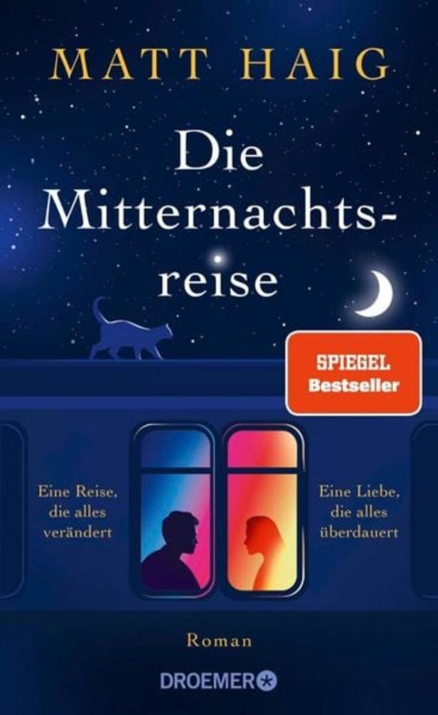 Das Buchcover von Matt Haigs „Die Mitternachtsreise“ zeigt eine nächtliche Szene mit einer Katze und zwei Silhouetten in Zugfenstern.